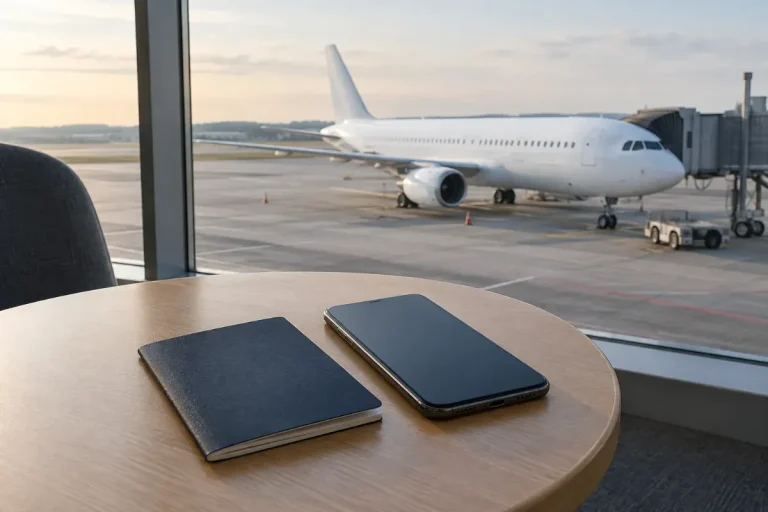 Pass och mobiltelefon på ett bord vid ett flygplatsfönster med ett flygplan utanför