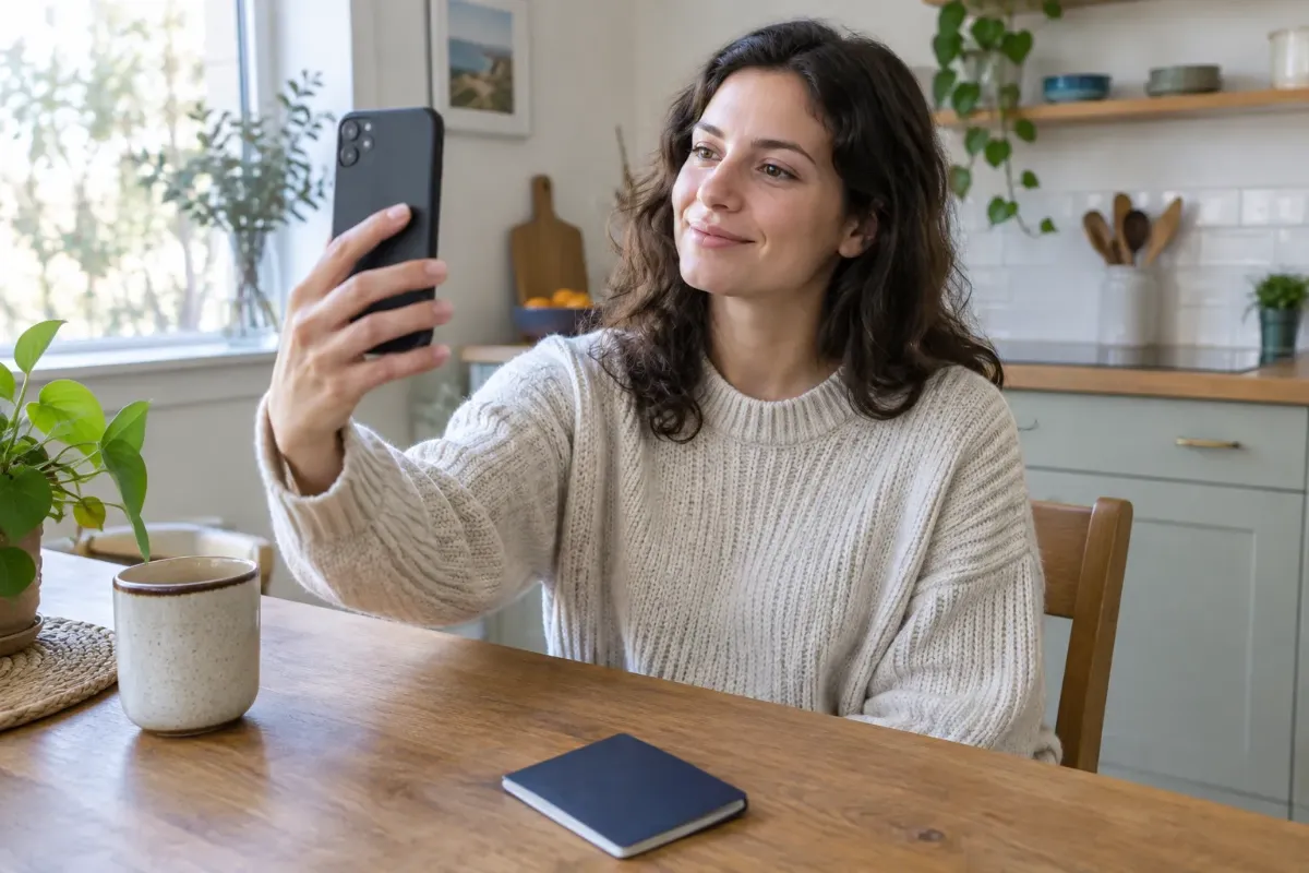 Person som fotograferar sitt ansikte med mobilen vid ett köksbord med passet bredvid