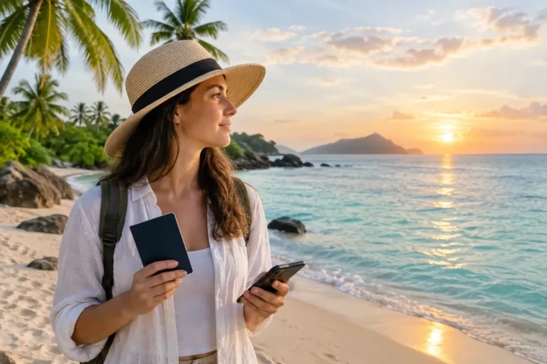 Resenär med pass och mobil på en lugn strand med palmer i Thailand