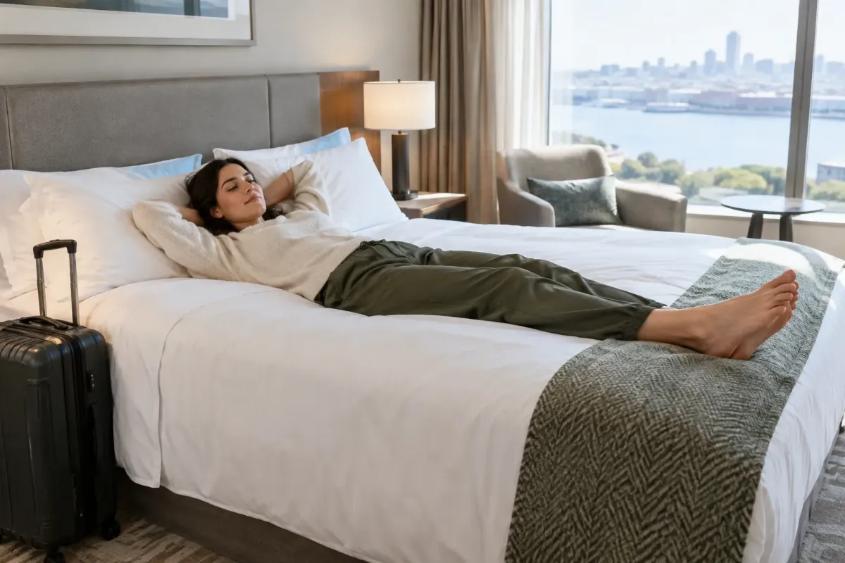 Resenär vilar på en bäddad hotellsäng med kabinväskan bredvid sängen
