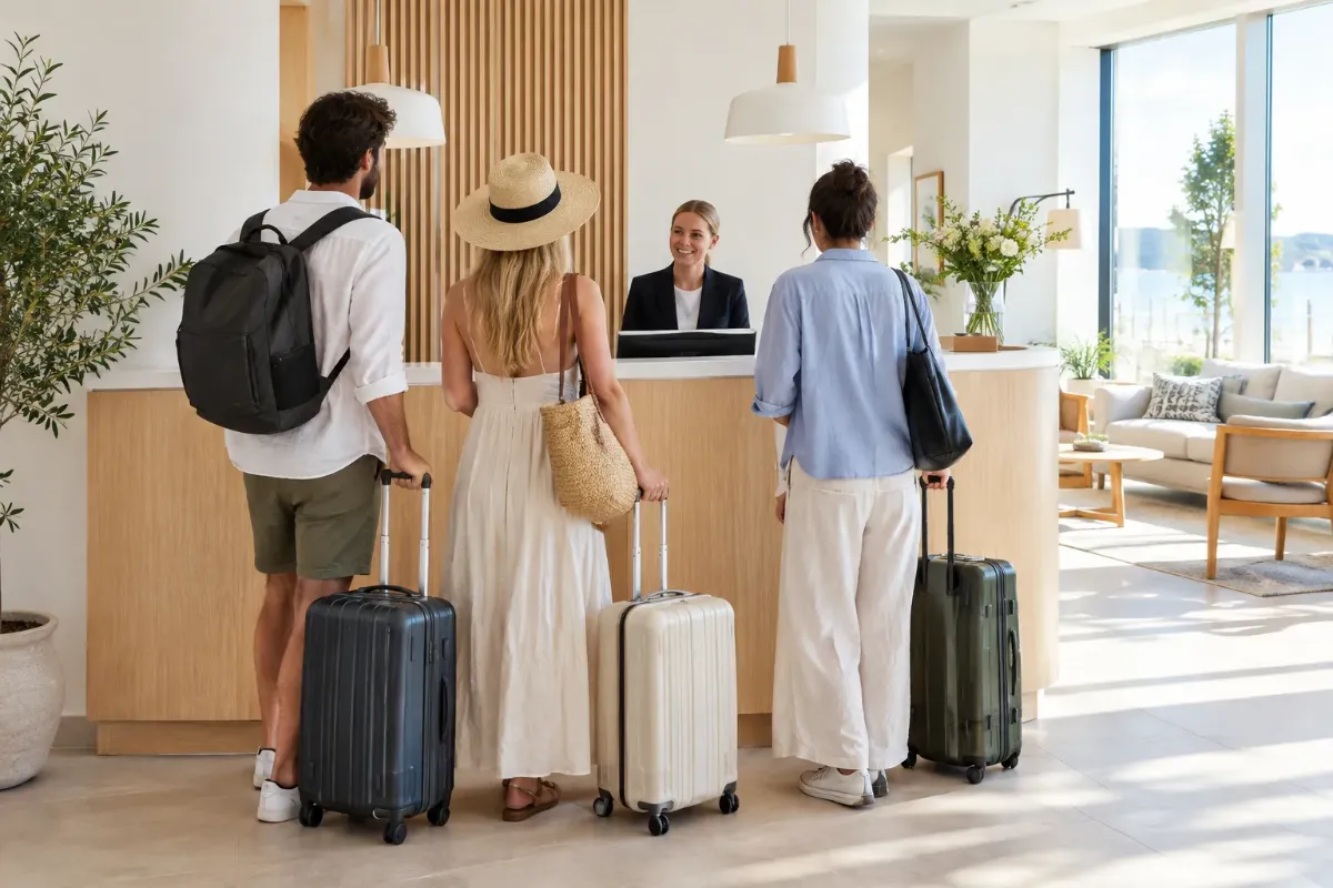 Resenärer med resväskor vid en ljus hotellreception en sommardag