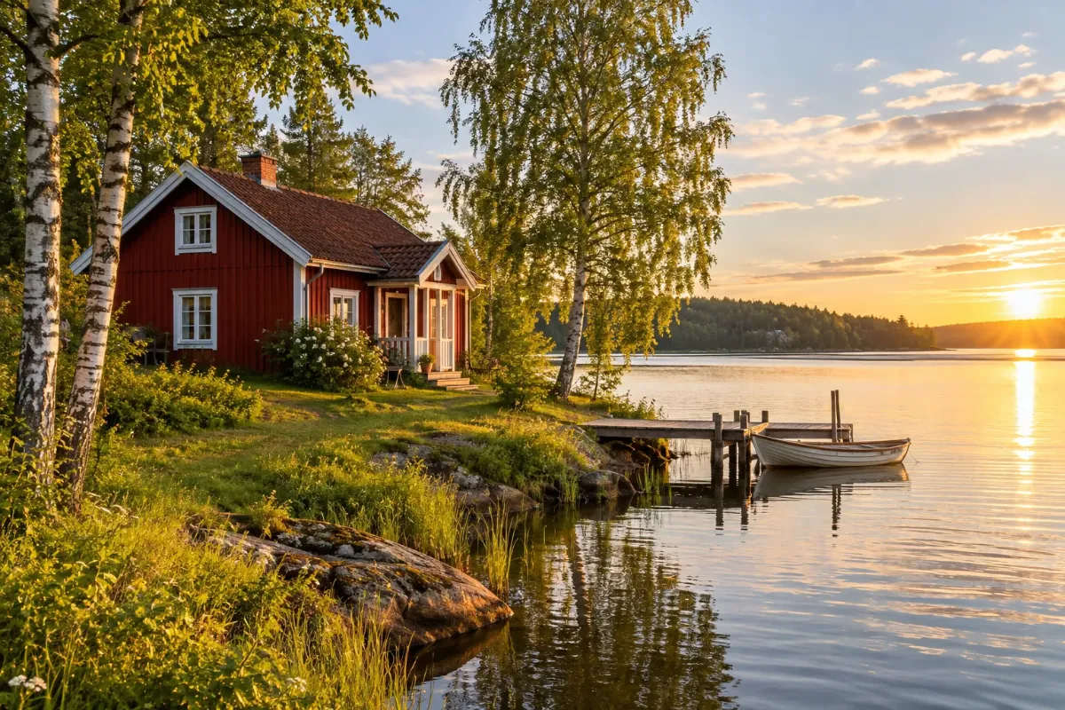 Röd stuga vid en svensk sjö en sommarkväll