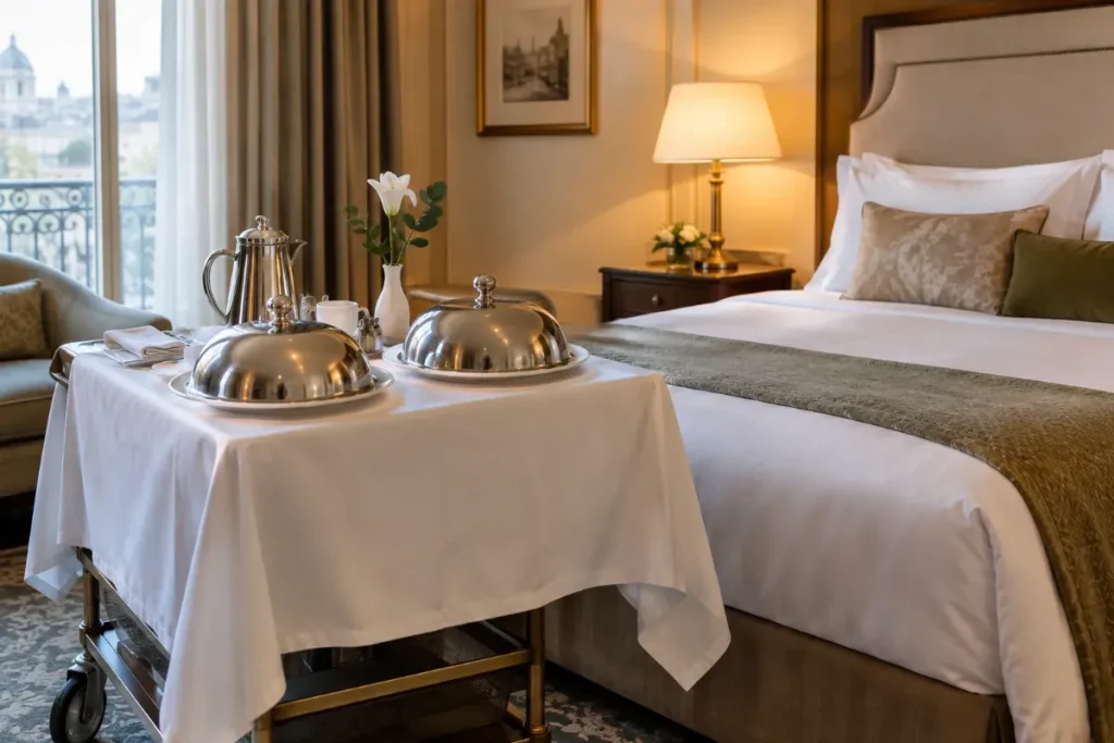 Rumsservicevagn med vit duk och täckta silverkupor bredvid en bäddad säng i ett elegant hotellrum