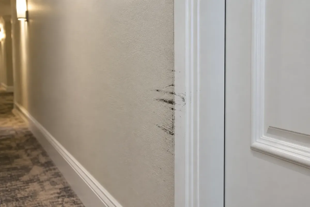 Skrapmärken från resväskor på en ljus vägg bredvid en dörrkarm i en hotellkorridor