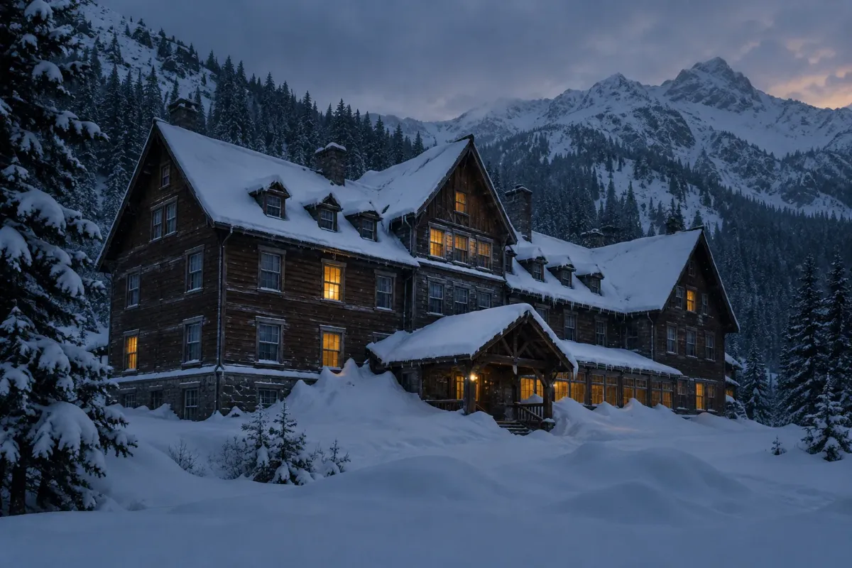 Snöinbäddat bergshotell i vinterskymning