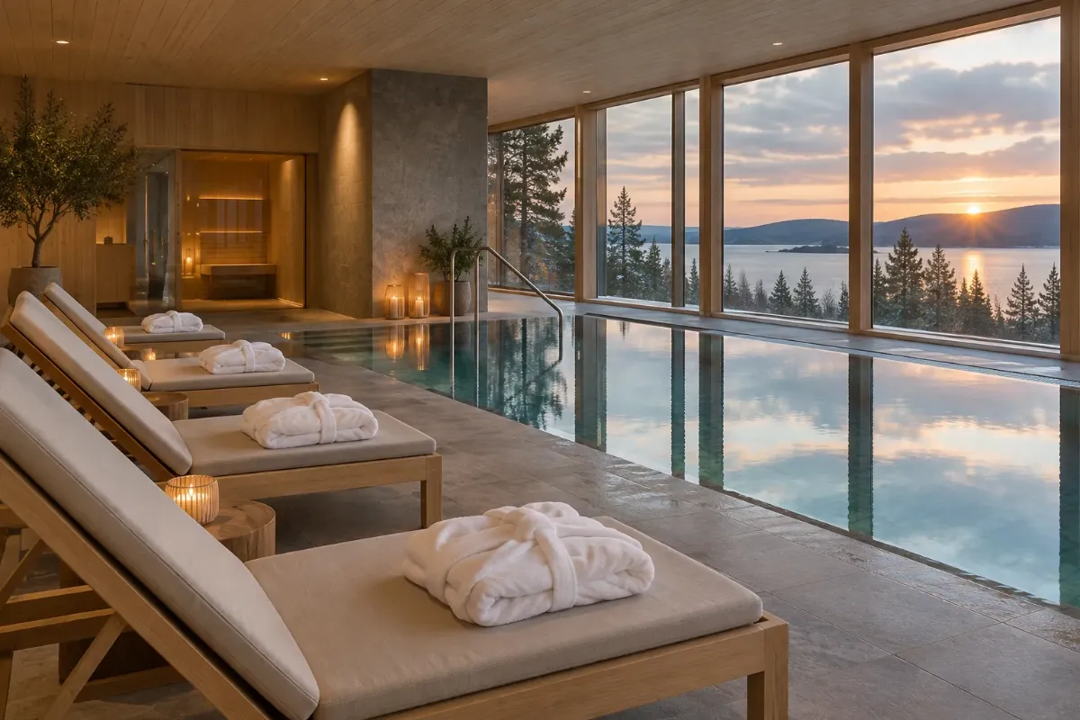 Tom avkopplingsavdelning på ett hotellspa med inomhuspool, vilstolar och vikta vita badrockar