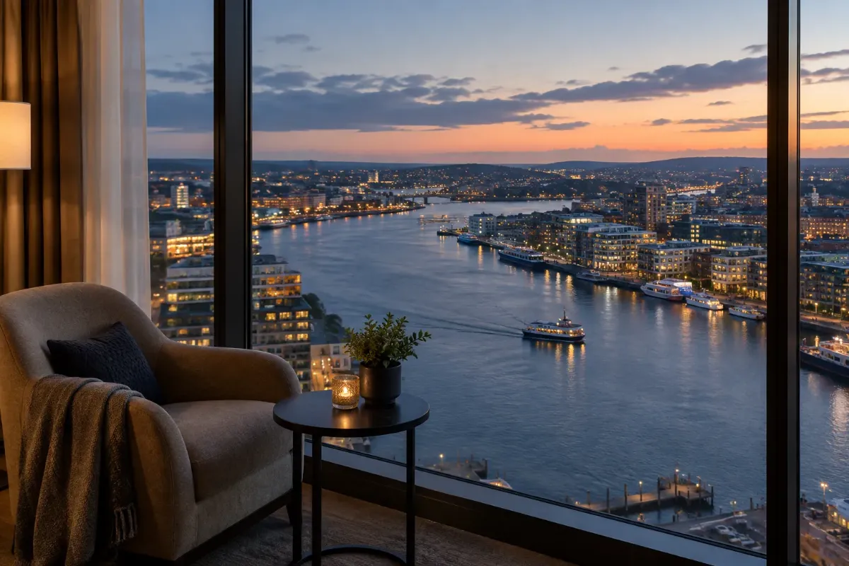 Utsikt från ett hotellrum högt upp över en hamnstad med en bred älv i skymningen